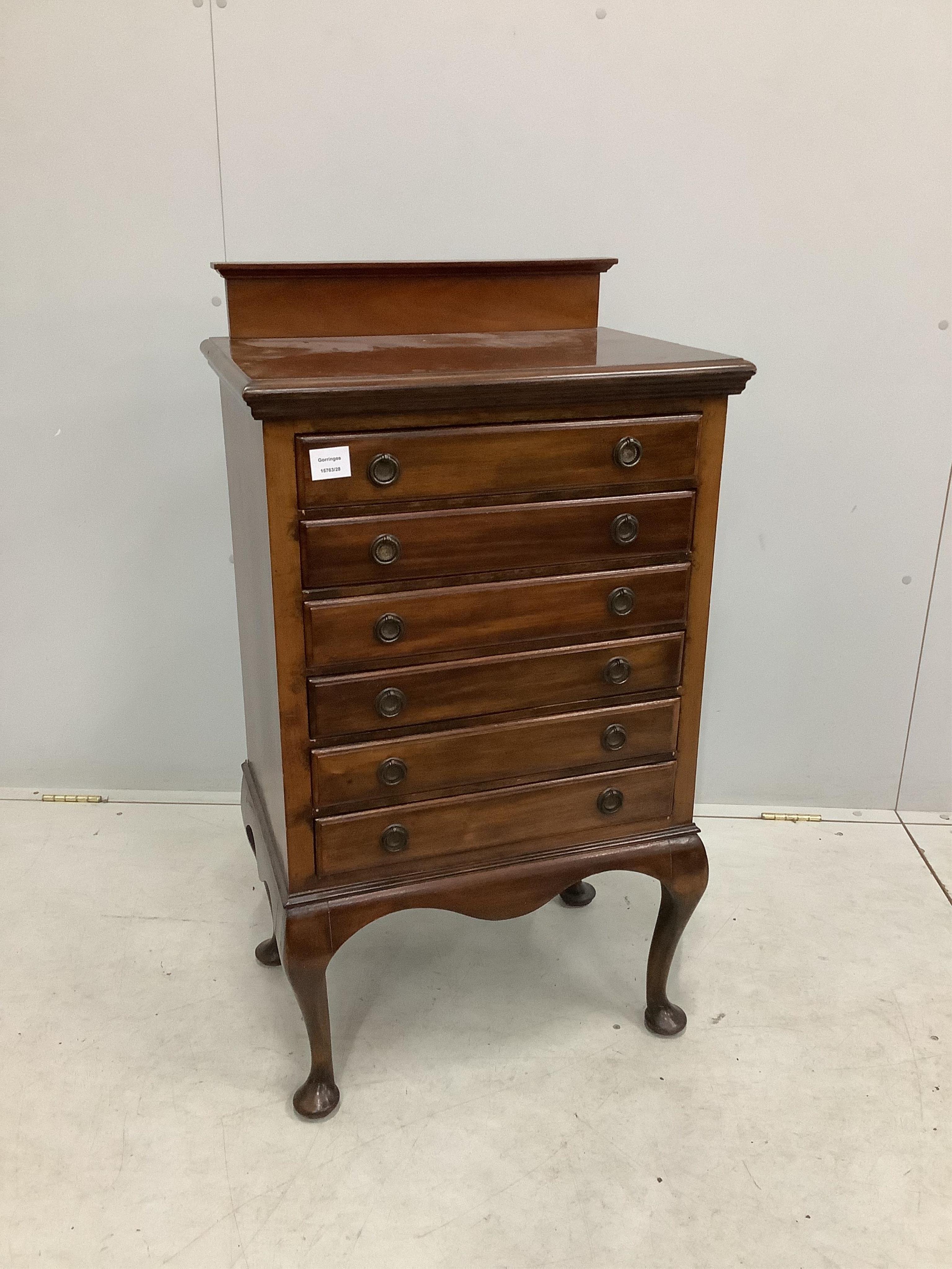 An early 20th century mahogany sheet music cabinet, fitted six drop front drawers, width 56cm, depth 39cm, height 100cm. Condition - fair